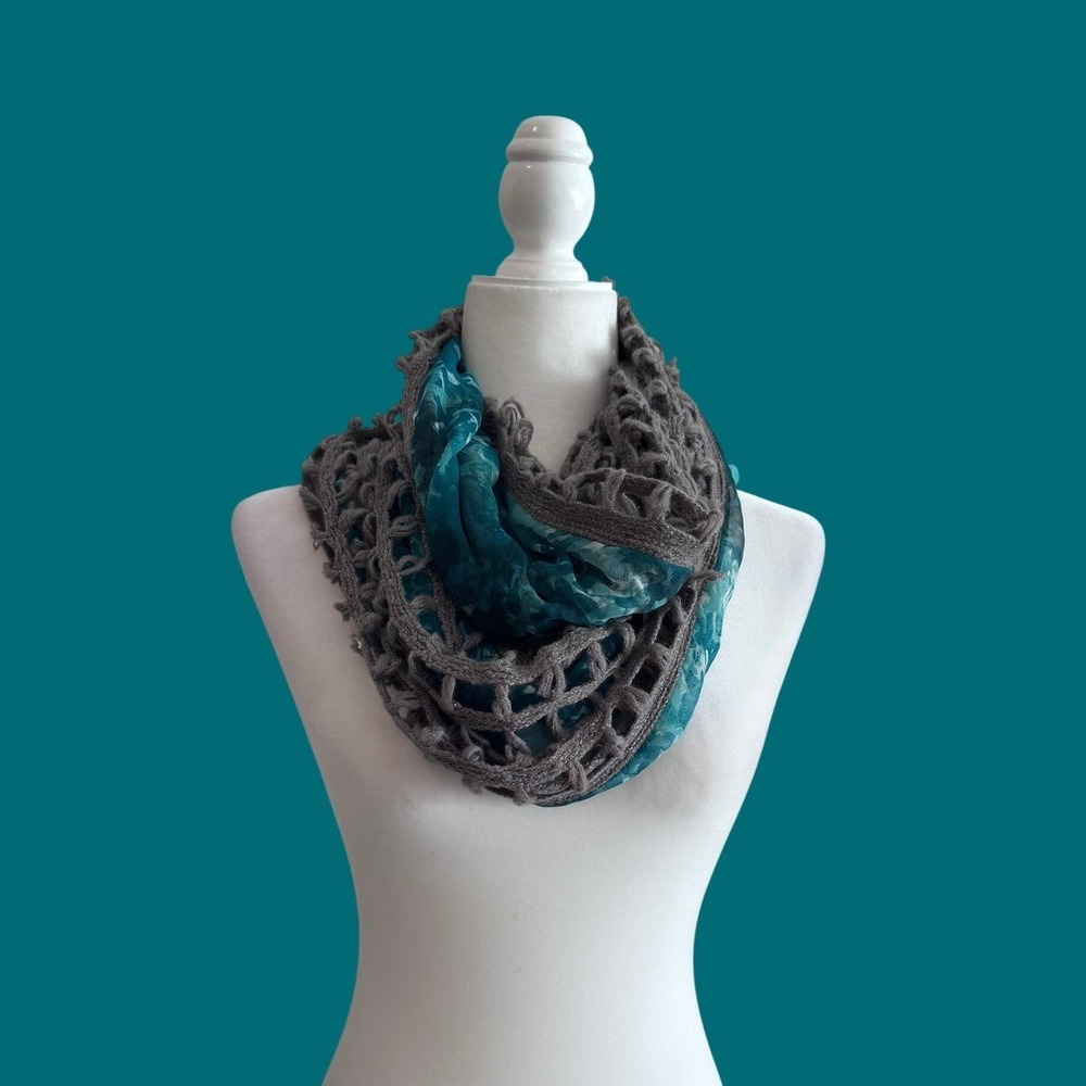 Mixit Infinity Scarf OS Teal Grey Crochet Layered Floral Snood